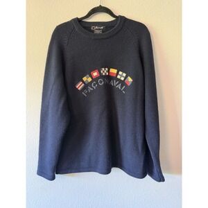 Faconnable Wool Sweater Mens MediumBlue Red Green Crew Neck Thick Heavy Pullover